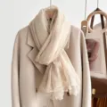 Beige autumn winter scarf with elegant lace trim, soft cozy fabric neck wrap for women. - Beige