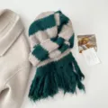 Close-up detail of the green and white striped knit fringe scarf, soft fuzzy texture, winter warm accessory. - 180cm / Grey Green