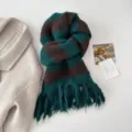 Detailed view of the cozy green and brown striped fringed scarf for autumn winter style. - 180cm / Coffee Green
