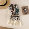 Koreaanse ins-stijl Fair Isle jacquard kwast gebreide sjaal voor vrouwen, gezellige herfst - Waterblauw & roze