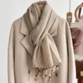 Beige linen scarf with wooden beads tassel elegant autumn winter warm shawl wrap neck accessory - Khaki
