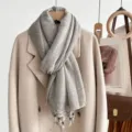 Light grey grid linen cotton scarf with tassels and wooden beads, elegant spring autumn accessory. - Gray