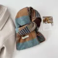 Color block striped knitted scarf for women, soft warm winter neckerchief, stylish cozy scarf. - 20x160cm / Color Block Scarves - Green & Coffee