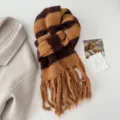 Cozy brown and camel striped knitted fringe scarf for autumn and winter daily wear. - 180cm / Brown Coffee