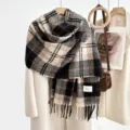 Gezellige zwart-beige ruit wintershawl, zachte imitatie kasjmier sjaal met franjes. - Zwart Beige