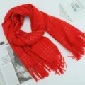 Red plaid cashmere-feel winter scarf with cozy tassels, thick warm neck wrap for women. - Red