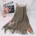Khaki cashmere blend winter scarf with elegant tassels, cozy detail view for cold weather. - Navy Blue