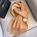 Solid color wool scarf winter thickened warm cashmere feel shawl minimalist fringed neckerchief - Dark Camel