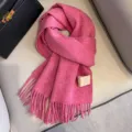Cozy pink wool winter scarf with fringe details and elegant label, warm and stylish daily wear. - Korean Pink
