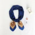 Chic blue paisley print square silk scarf for women, elegant neckerchief and stylish hair band. - Blue Leaf