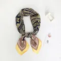 Elegant paisley patterned silk scarf, navy blue and yellow contrast chic fashion square head wrap. - Yellow Leaves