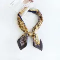 Chic leopard and chain print silk feel square scarf, elegant neckerchief for women daily wear. - Flowers with Brown Border