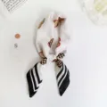 White silk scarf with black white stripes and colorful geometric print neckerchief for women. - Floral White
