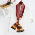 Geometric print narrow long silk scarf for women, elegant neckerchief for spring and styling. - Ethnic Horizontal Stripes, Red