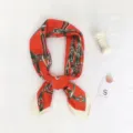 Elegant orange silk square scarf with vintage equestrian harness print, chic fashion neckerchief. - Orange Chain