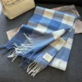 Women winter 100% wool scarf classic blue white plaid pattern cozy warm fringe shawl neck warmer - Blue and White Checkerboard / 180cm