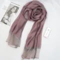 Elegant dusty pink long scarf with shimmering border, soft thin shawl for stylish wear. - Purple