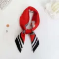 Red silk square scarf with floral print and black white stripes, versatile hair accessory. - Red with Flower