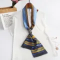 Narrow long geometric silk scarf for women, stylish neckerchief for spring and summer decor. - Ethnic Horizontal Stripes, Light Blue