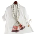 Chic narrow silk scarf with horsebit print, elegant spring neckerchief for stylish women wear. - Double D Pattern, Pink