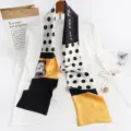 Fashionable narrow long silk scarf with chic polka dots and cute cat print design. - Cat & Polka Dots, Yellow