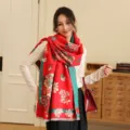 Herbst Winter chinesischer Stil Kunstkaschmir Schal Damen retro Blumen warmer langer Schal - Geranie - Rot