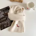 Autumn knitted cute horse wool scarf, thickened warm winter scarf with lovely embroidery design. - Cream