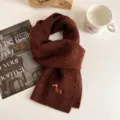 Cozy brown knitted wool scarf for women with cute pony embroidery. Thick winter warm neck wrap. - Coffee