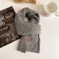Autumn knitted wool scarf for women with cute pony embroidery, thick warm gray neck warmer. - Gray
