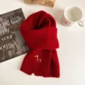 Red knitted wool scarf for women winter warm thick scarf with cute embroidered colorful pony. - Red