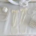 Transparente Feinstrumpfsocken in Creme mit Schleife, süße Sommer Socken für Lolita. - Einheitsgröße / Schleifen-Stil / Hellbeige