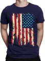 Detail view of the men's dark blue short sleeve t-shirt featuring a vintage American flag. - S / Tops / Navy Blue