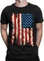 Detailed close-up of men's black short sleeve t-shirt with vintage distressed US flag graphic. - S / Tops / Black
