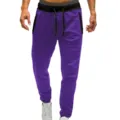 Detail view of casual purple trousers featuring contrasting black waistband, drawstring, and pockets. - Purple