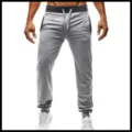 Men's light grey casual sweatpants with dark waistband, comfortable drawstring and cuffed ankles. - S / Gray