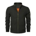 Detail view of mens casual stand collar bomber jacket, black zip up outerwear with orange lining. - S / Tops / Black