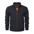 Detailed view of men casual bomber jacket with zipper pocket on sleeve, navy blue. - S / Tops / Navy Blue