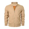 Detailed view of khaki men's casual pilot jacket featuring a stand collar and metal zipper. - S / Tops / Khaki