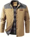 Men's quilted jacket detail showing color block patchwork, diamond stitching and lapel collar. - Khaki