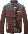 Detailed view of men's quilted brown jacket with patterned shoulder contrast and mock neck. - S / Tops / Brown