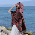 Donna etnico bohémien scialle con frange vintage spessa calda inverno mantella rossa foulard - Borgogna