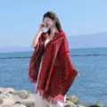 Red ethnic jacquard imitation cashmere shawl scarf with stylish fringe for women travel. - 353 Bright Red