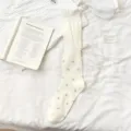 White floral long socks for women, spring summer sweet ruffles ribbon bow cute knee high socks - One Size / Pink Floral (1 Pair)