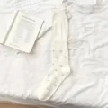 Cream white floral long socks for women, spring summer thin sweet ribbon bow stockings. - One Size / Purple Floral (1 Pair)