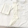 Off-white floral women long socks with ribbon bow, sweet spring summer thin hosiery style. - One Size / Coffee Floral