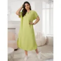 Γυναικείο νυχτικό plus size καλοκαιρινό casual κοντομάνικο V-neck, άνετο χαλαρό φόρεμα. - 2XL / ανοιχτό πράσινο