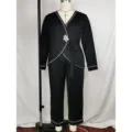 Conjunto de pijama negro de talla grande de manga larga con ribetes blancos y bordado. - 1XL / Parte Superior y Inferior / Negro