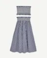 Blue and white gingham two-piece set featuring a strapless smocked crop top and midi skirt. - One Size / Set / Black and White Plaid