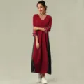 Vestido largo informal de manga larga color block para mujer elegante cuello V de moda - M / HD01-Negro y rojo