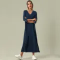 Elegante vestido largo de manga larga para mujer, vestido largo liso azul marino informal. - M / HD01-Azul